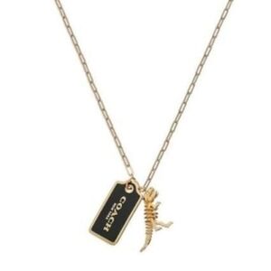 Coach Black Enamel Logo Tag Necklace with Gold-tone Dinosaur Charm Rexy